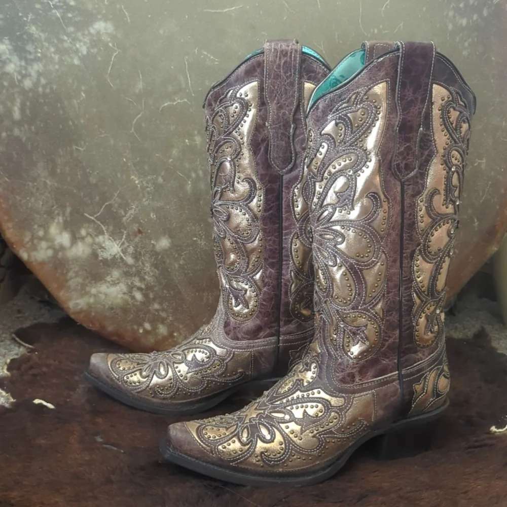 CORRAL E1594 distressed brown leather snip toe cowgirl boots metallic inlay sz 8 - Picture 4 of 16